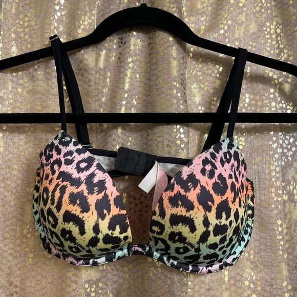 PINK Victorias Secret Colorful Leopard Heartbreaker Plunge Push Up Bra, 32D - Picture 1 of 6